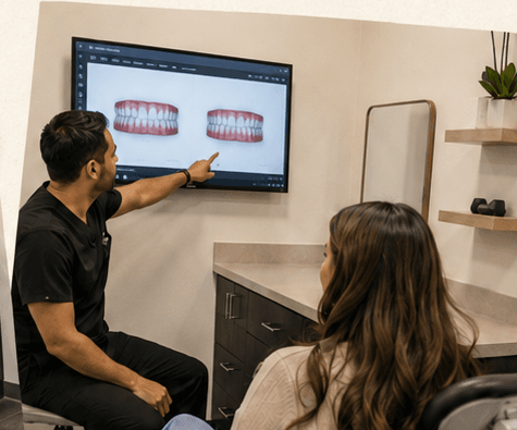 A Smile Loft Dental dentist showing a patient a digital before-and-after aligner comparison on screen
