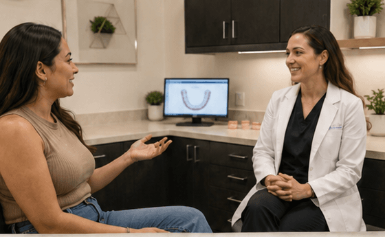 A Smile Loft Dental patient talking through her Invisalign options with a dentist