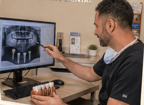 A Smile Loft Dental dentist reviewing a dental implant scan and model with a patient
