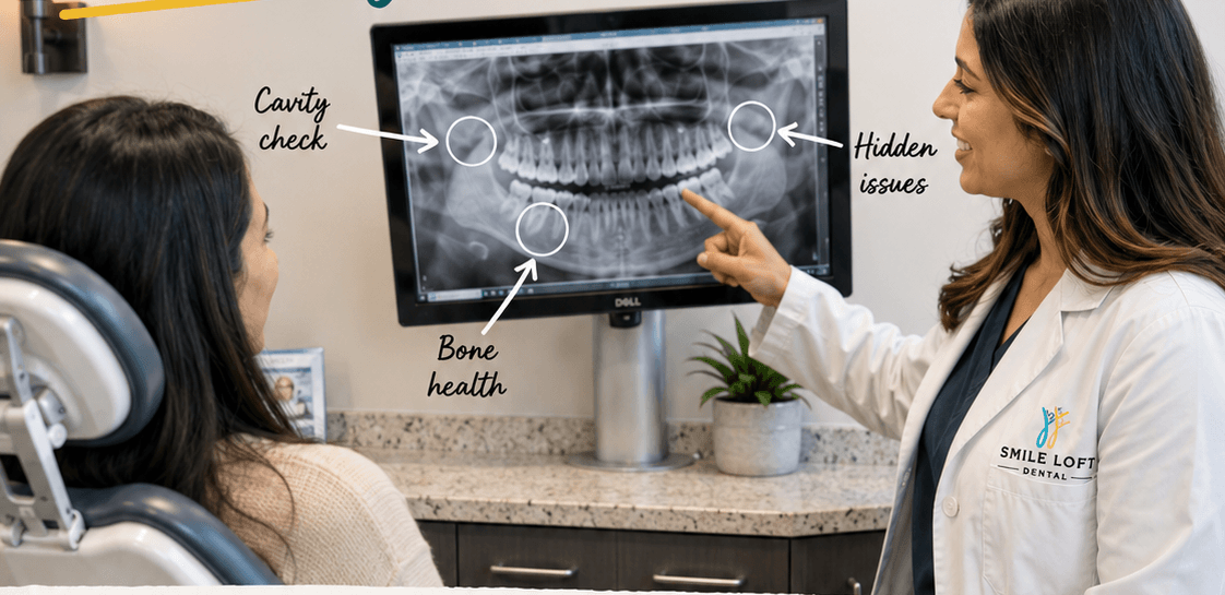 A Smile Loft Dental dentist reviewing a digital X-ray on screen with a patient, pointing out cavity check, bone health, and hidden-issue areas