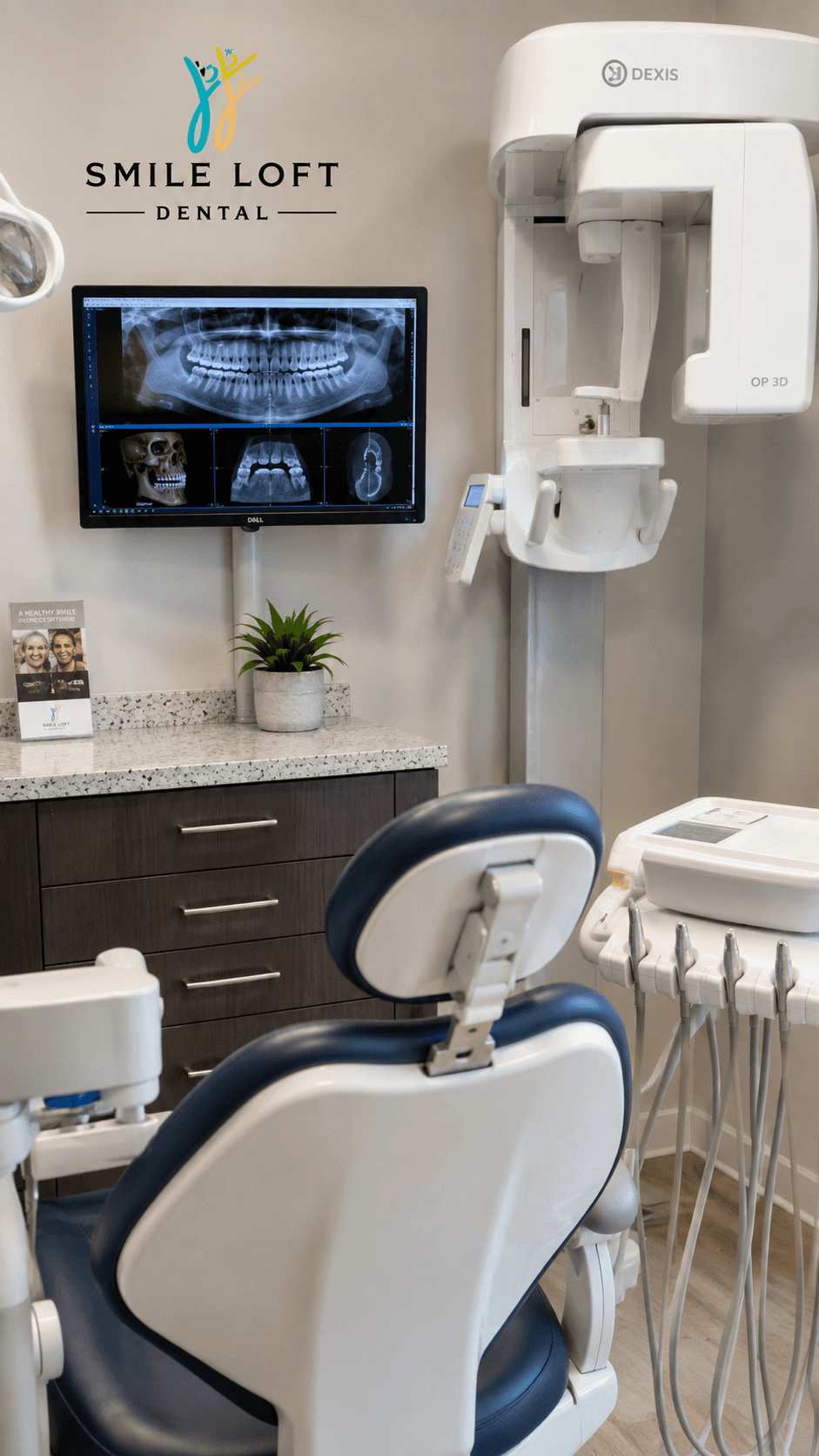 A modern Smile Loft Dental treatment room with digital X-ray imaging equipment